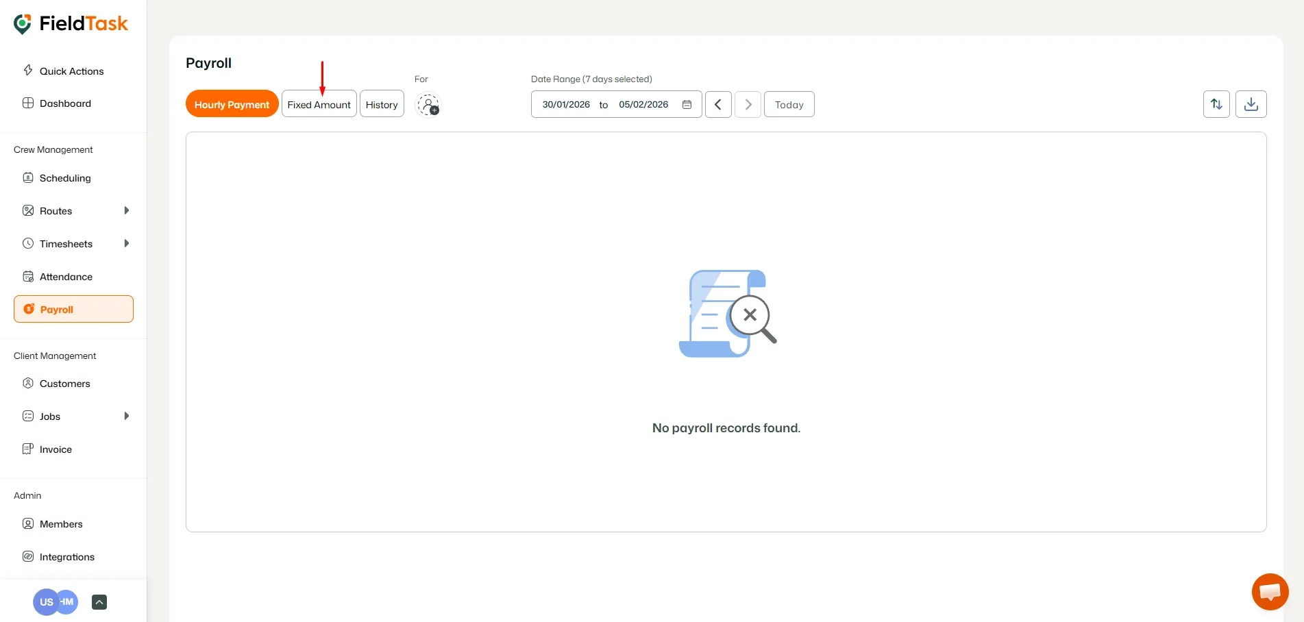 FieldTask Payroll Page
