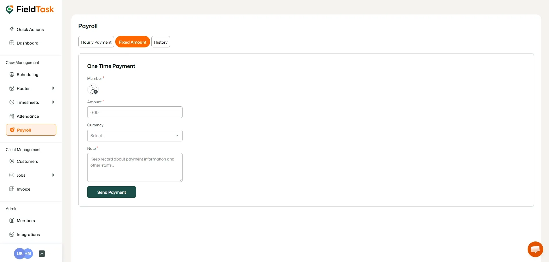 FieldTask Fixed Pay Section of Payroll Page
