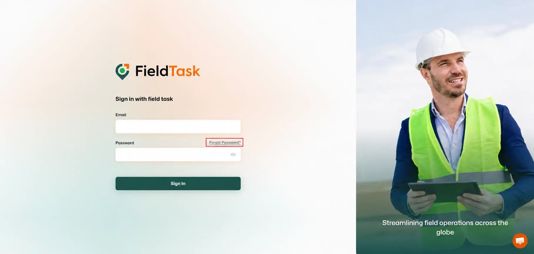 FieldTask sign-in page with Forgot Password highlighted