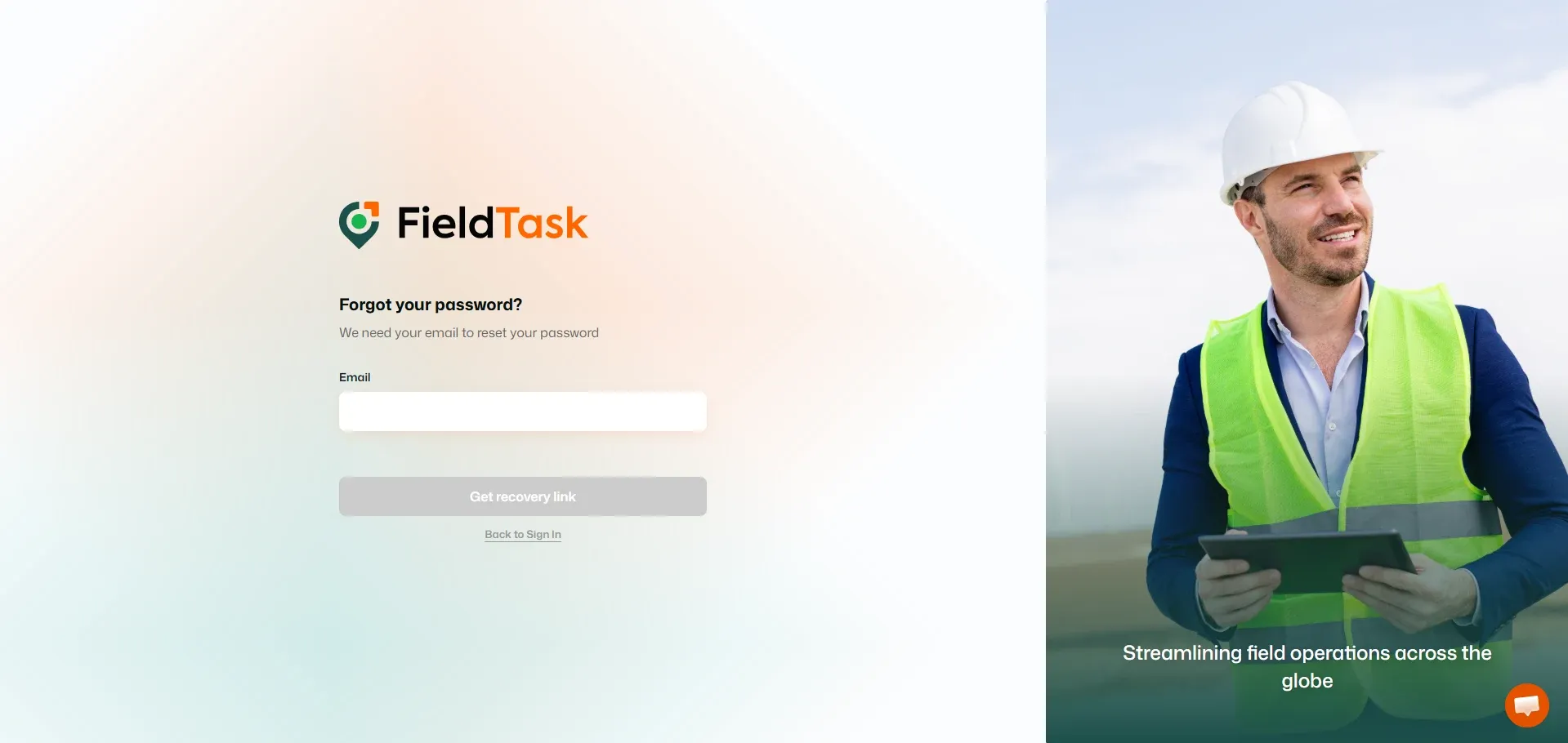 FieldTask forgot password page with email recovery form