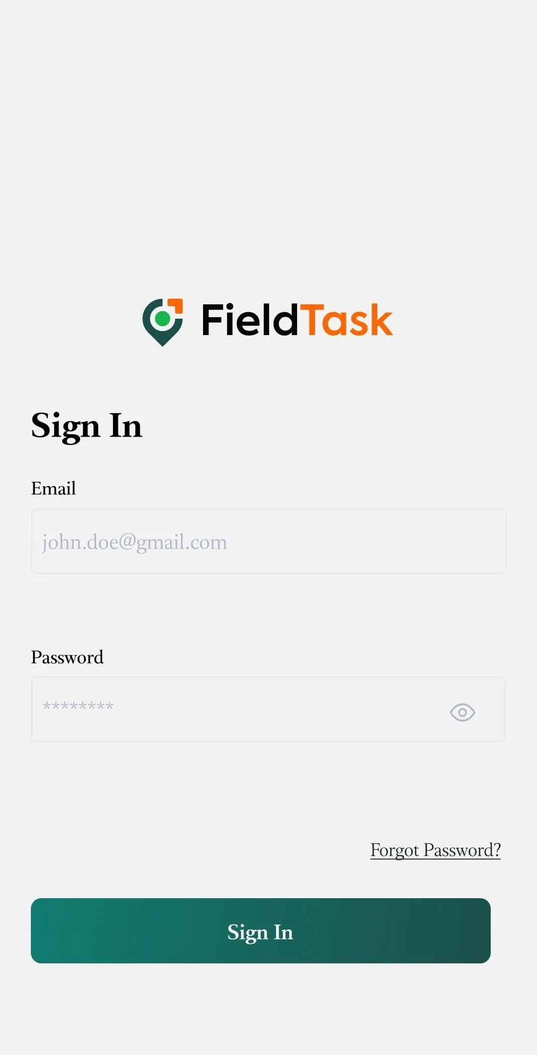 FieldTask mobile sign-in screen with email, password, forgot password, and Sign In button visible