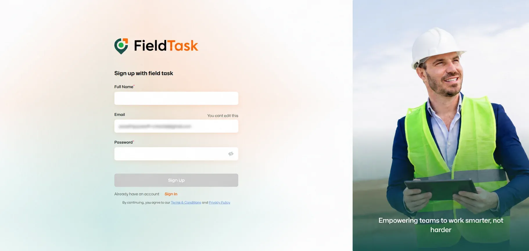 FieldTask signup page with blurred email and worker