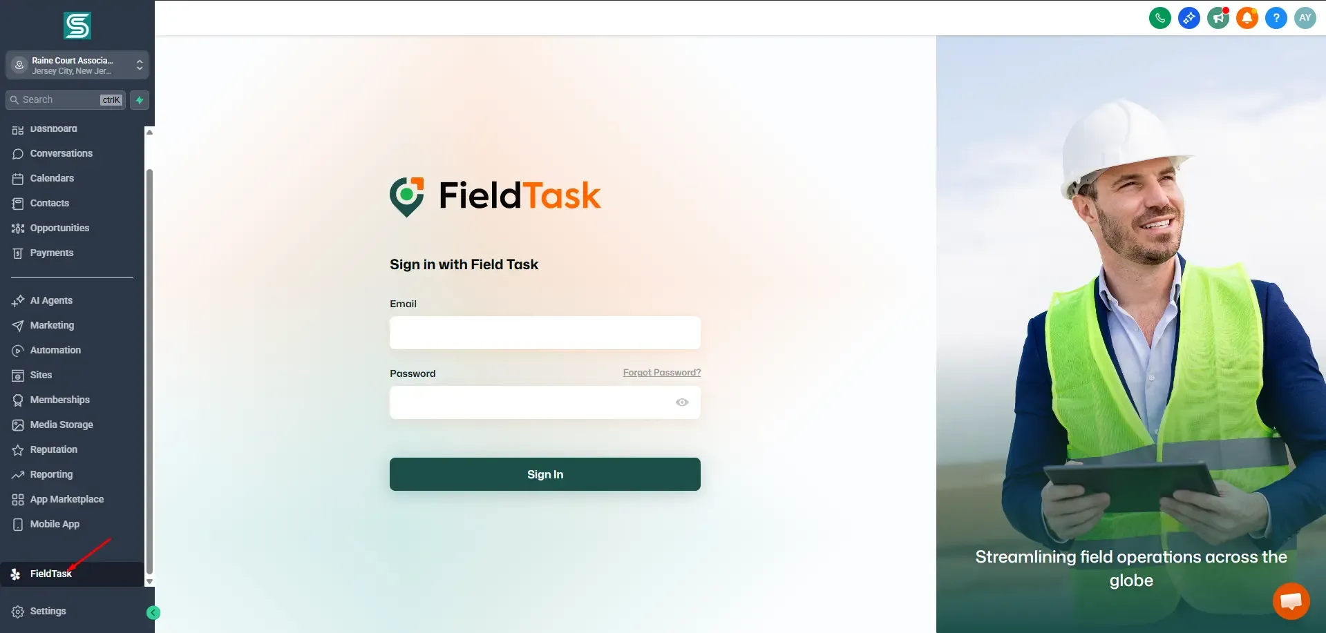 Highlevel CRM login window for FieldTask
