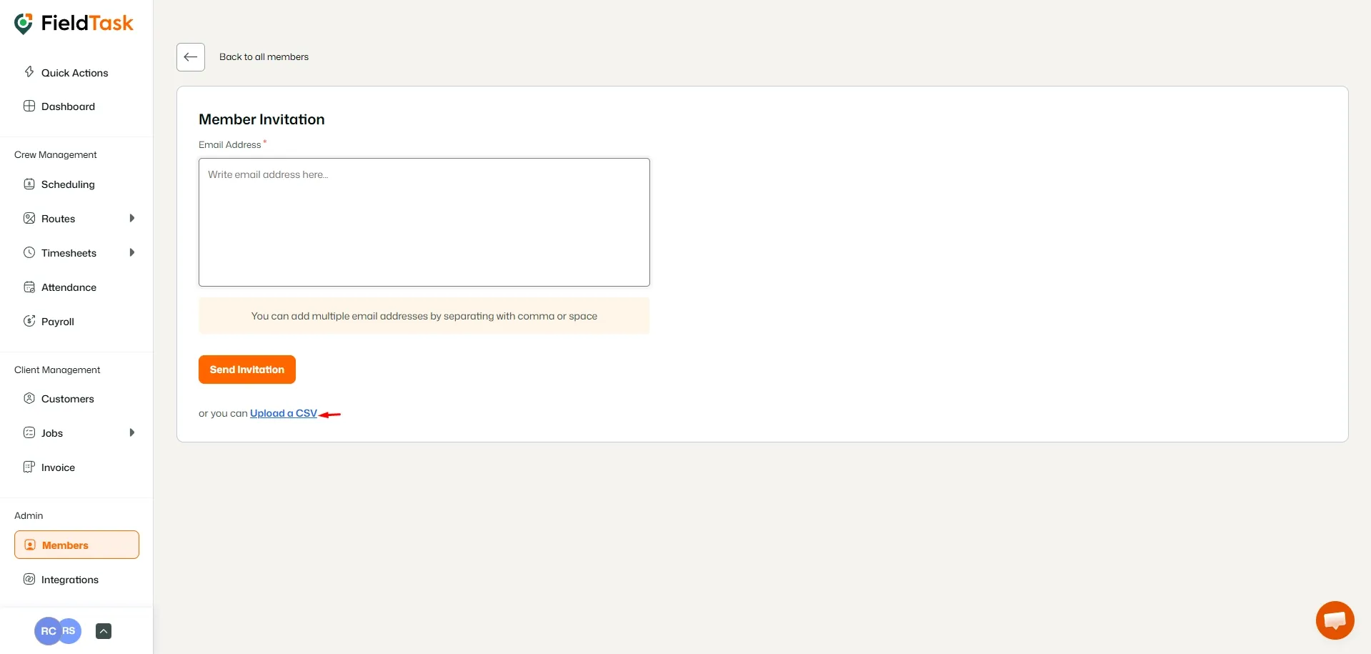FieldTask Member Invite Page