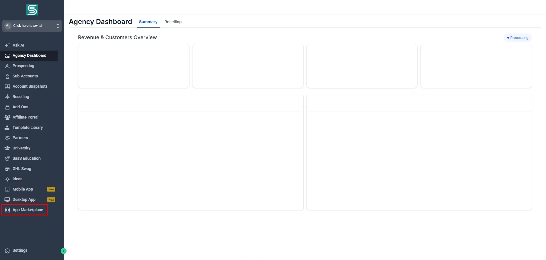 Screenshot of an Agency Dashboard in GoHighLevel showing the Summary tab and loading Revenue & Customers Overview cards. The left sidebar lists menu items, with App Marketplace highlighted in a red box near the bottom, drawing attention to it clearly