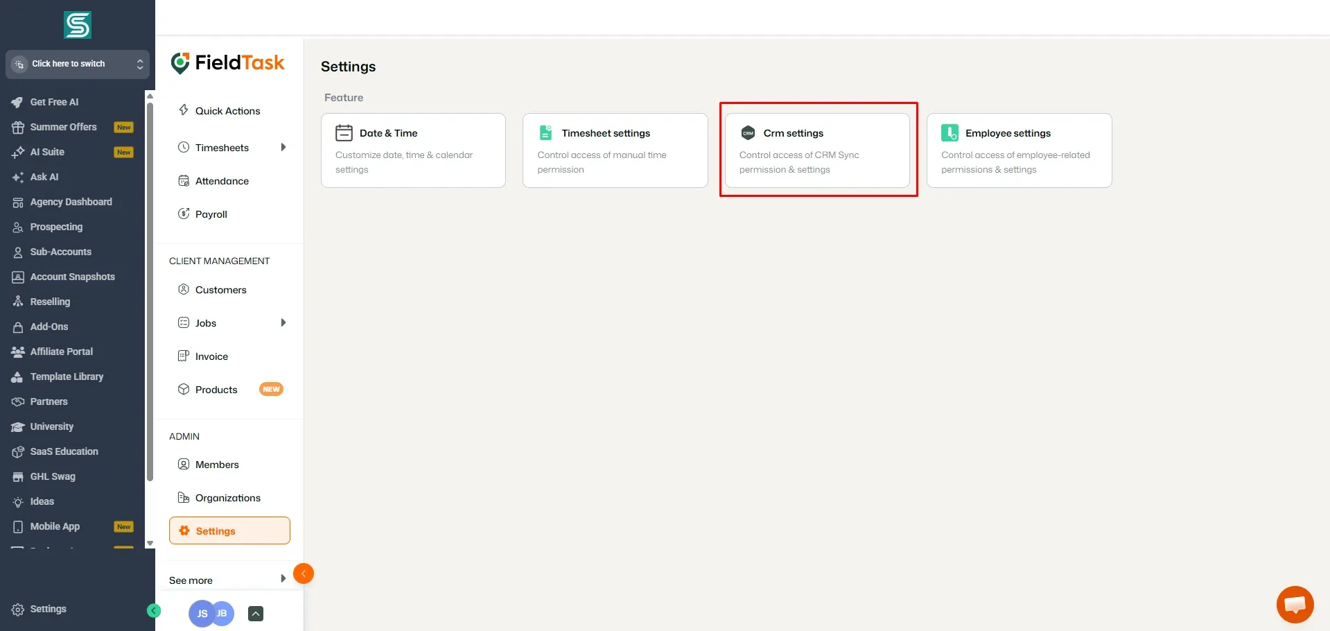 FieldTask settings page inside GoHighLevel showing feature cards for Date & Time, Timesheet settings, CRM settings, and Employee settings. The left FieldTask menu highlights Settings, while a red box emphasizes the CRM settings card for setup.