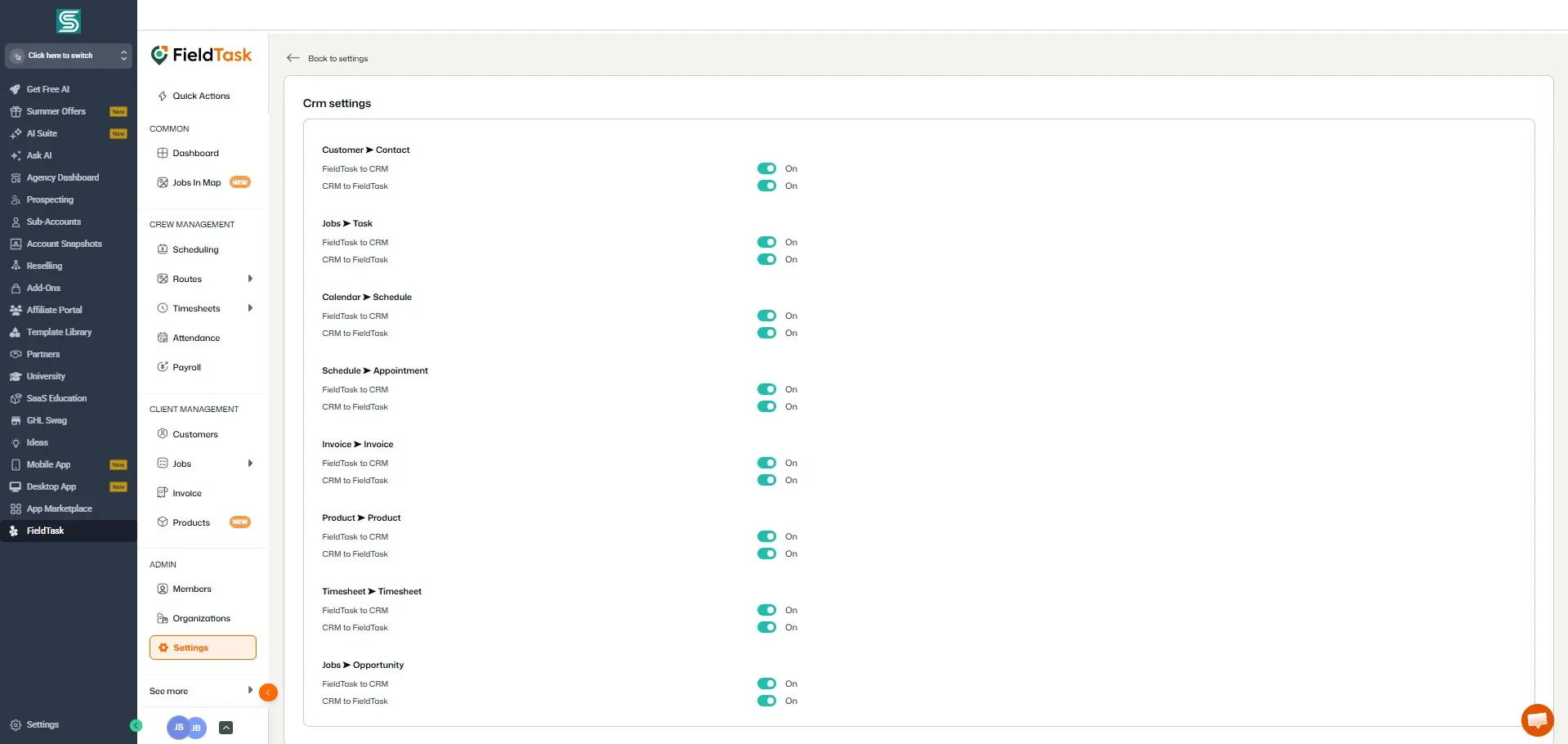 FieldTask CRM settings page inside GoHighLevel showing integration sync options for contacts, jobs, calendars, appointments, invoices, products, timesheets, and opportunities. Each item has FieldTask to CRM and CRM to FieldTask toggles switched on.