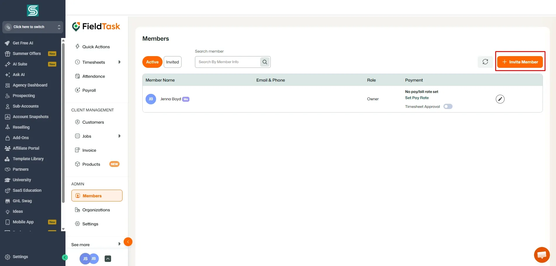 FieldTask Members page inside GoHighLevel showing the Active members list with Jenna Boyd as Owner, payment settings, search bar, and admin sidebar. A red box highlights the orange Invite Member button in the top right for adding new team members.