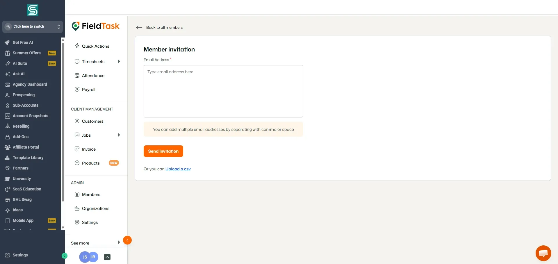 Member invitation page inside GoHighLevel, showing email address input box, guidance for adding multiple emails, orange Send Invitation button, Upload a CSV link, Back to all members option, and the left navigation sidebar is visible here.