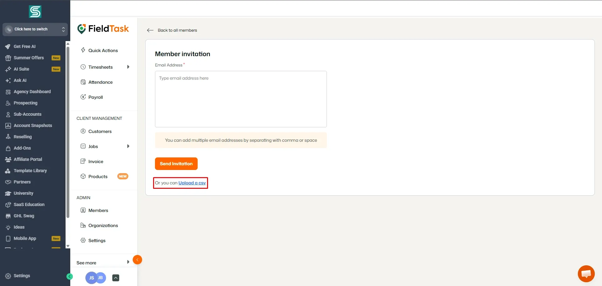 FieldTask member invitation screen inside GoHighLevel, showing an email address input box, Send Invitation button, and left navigation menu. A red box highlights the Upload a CSV link for adding team members in bulk during member setup.