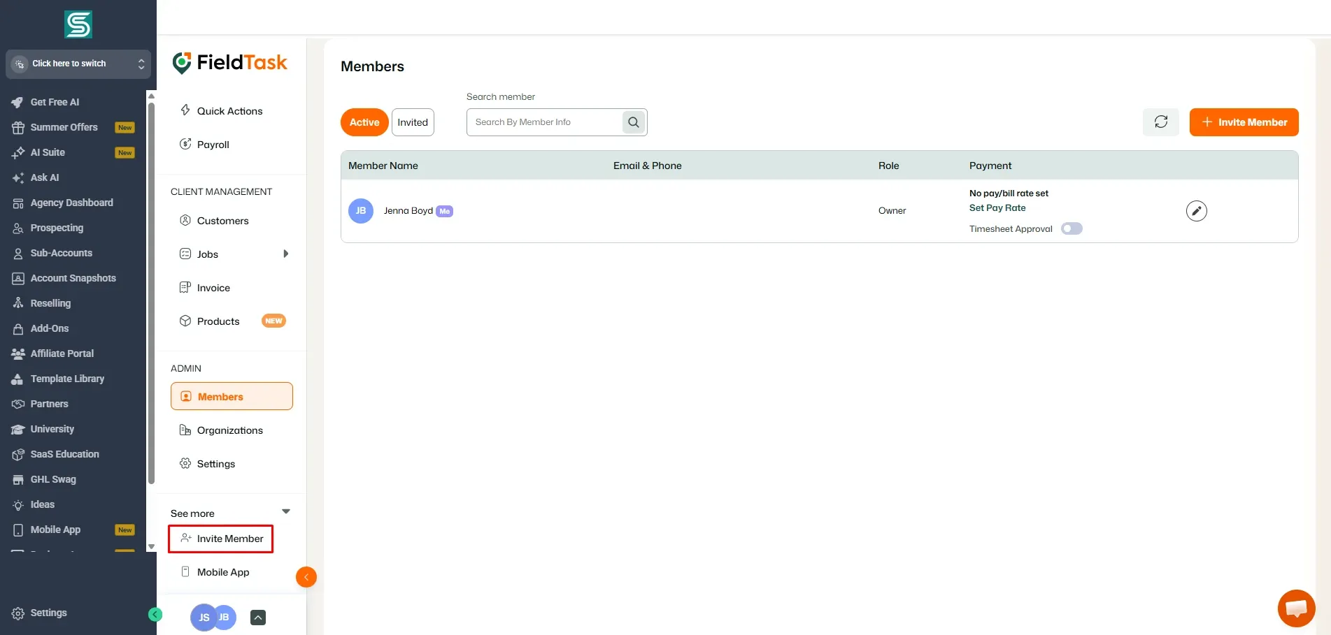FieldTask Members page inside GoHighLevel showing the Active members list, search bar, Invite Member button, and member details for Jenna Boyd. In the left sidebar, the expanded See more section highlights Invite Member in a red box for quick access.