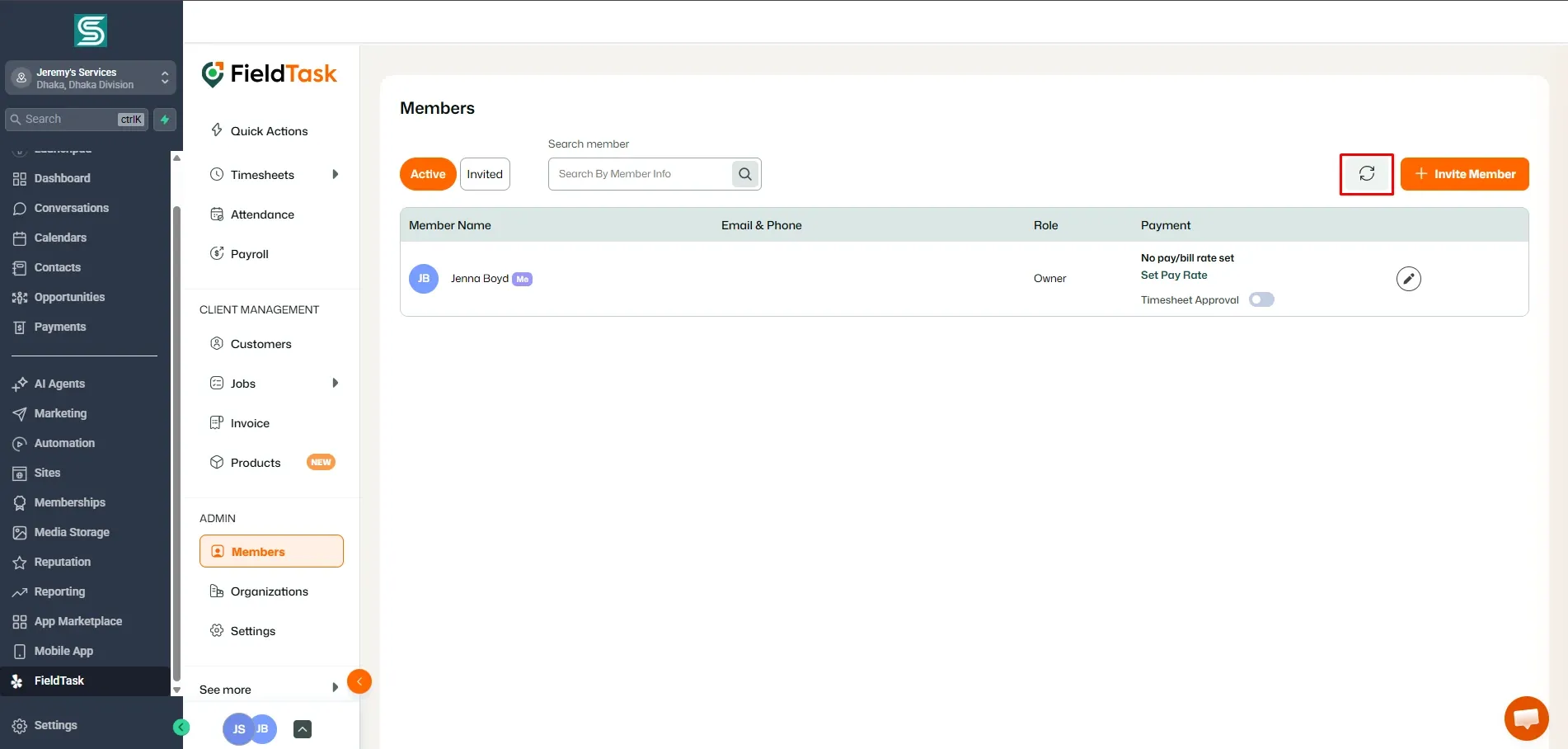 FieldTask Members page in a sub-account view of GoHighLevel, showing the active member list with Jenna Boyd as owner, search and Invite Member controls, and the FieldTask sidebar selected. A red box highlights the refresh button near the top right.