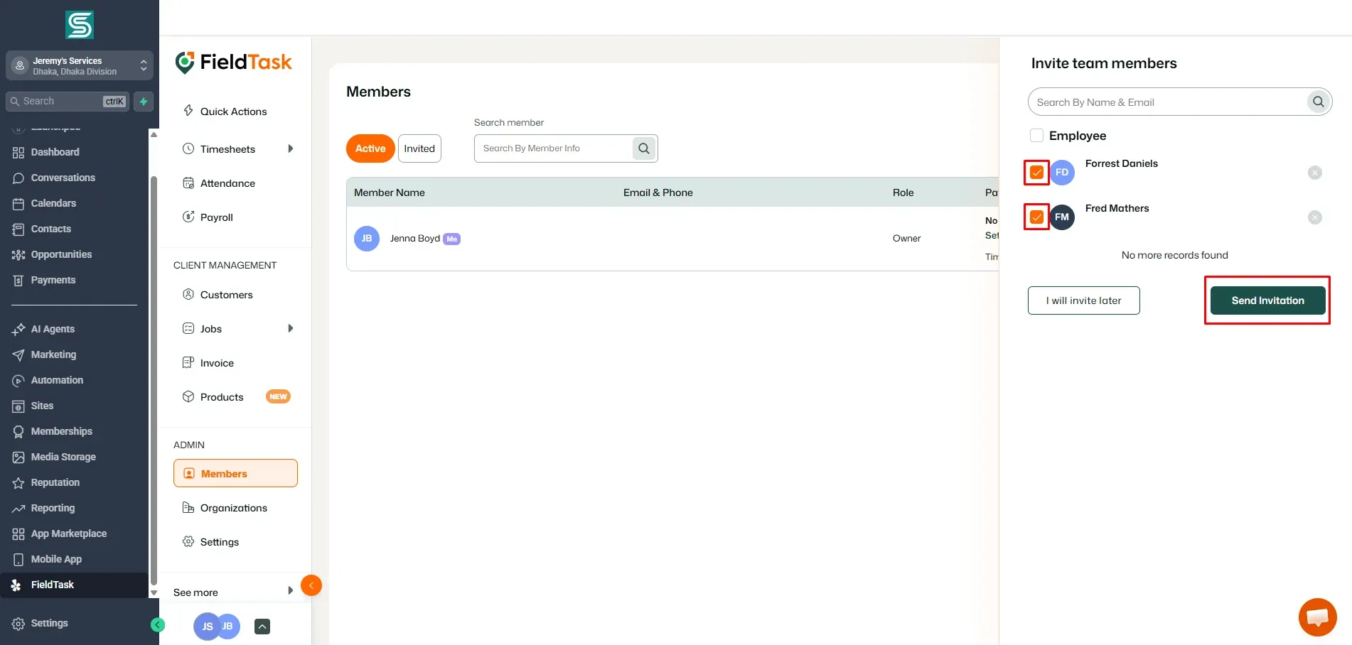 FieldTask Members page in GoHighLevel with an invite team members panel open. Employee entries for Forrest Daniels and Fred Mathers are selected with checked boxes, and the Send Invitation button is highlighted, showing how to invite team members.