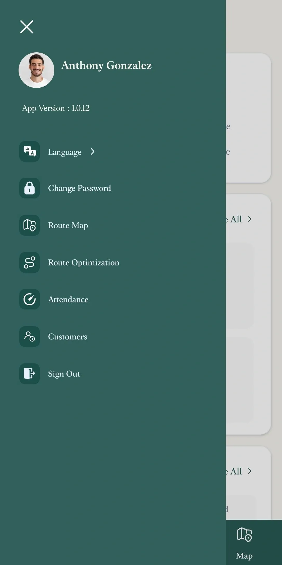 SparkCrew mobile app with the side menu open over the dashboard. It shows profile details for Anthony Gonzalez, app version 1.0.12, and options for Language, Change Password, Route Map, Route Optimization, Attendance, Customers, and Sign Out.