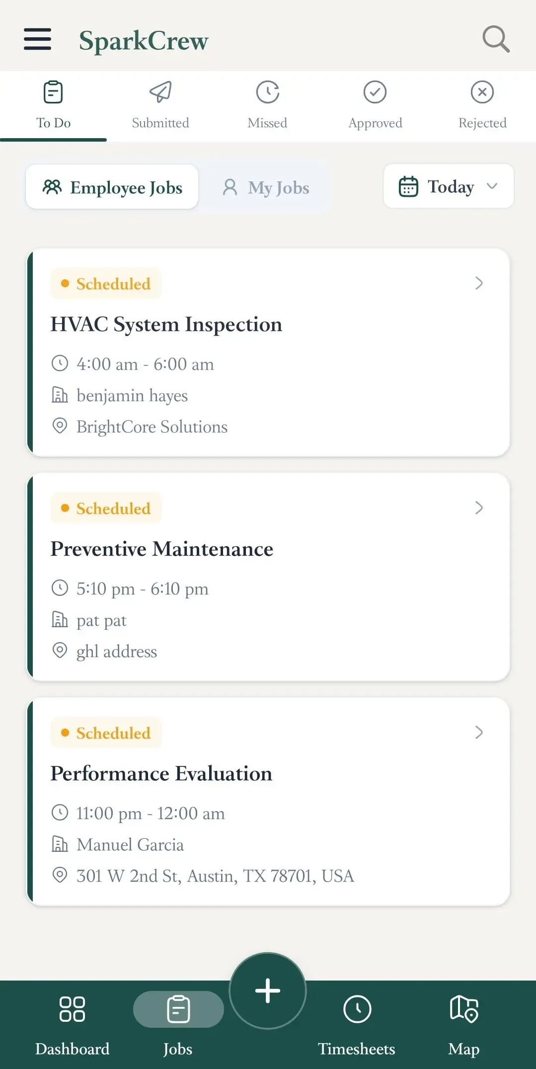 SparkCrew mobile Jobs screen showing To Do selected with filters for Submitted, Missed, Approved, and Rejected. Employee Jobs and Today filters are visible, with scheduled cards for HVAC inspection, preventive maintenance, and performance evaluation.