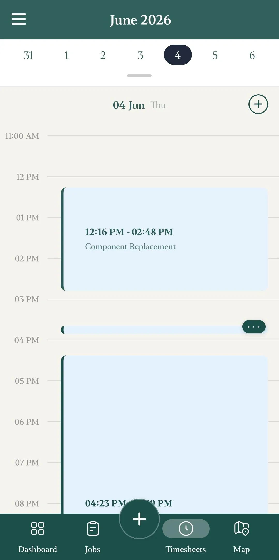 SparkCrew mobile Timesheets screen for June 2026 with June 4 selected, showing a daily timeline view, a Component Replacement block from 12:16 PM to 2:48 PM, other scheduled time blocks plus add button, and bottom navigation with Timesheets selected.