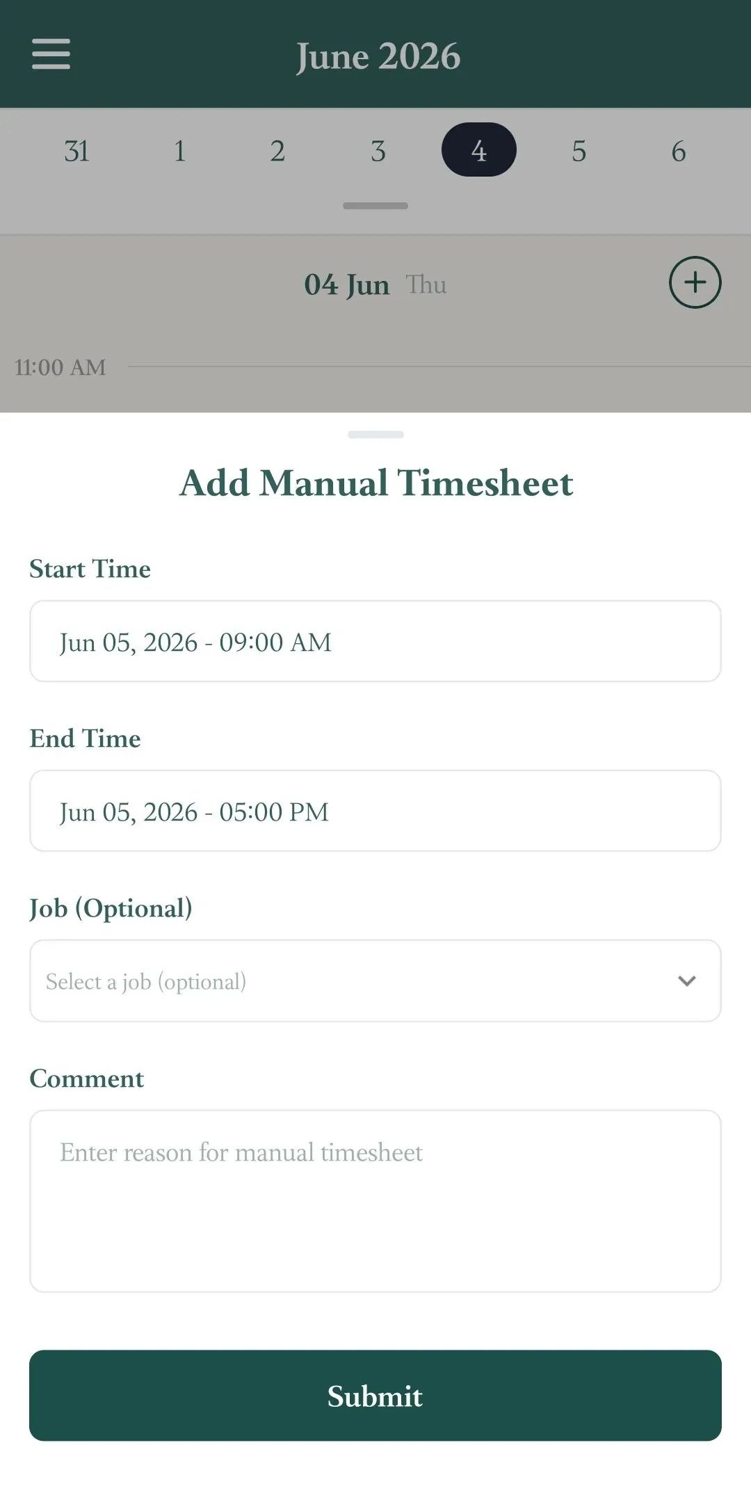 SparkCrew mobile Timesheets screen with an Add Manual Timesheet panel open. It includes start and end time fields, optional job dropdown, comment box, and a large Submit button, with the June 2026 calendar timeline dimmed behind the form.