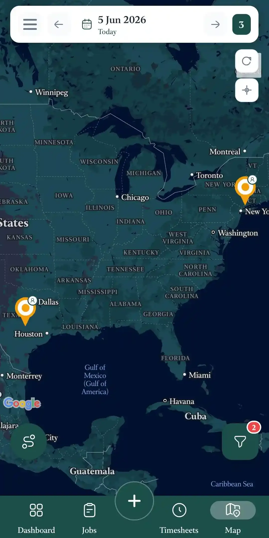 SparkCrew mobile Map screen showing a Google map view with date selector for 5 Jun 2026, route and filter buttons, refresh and location controls, job markers near Texas and the Northeast, plus bottom navigation with Map selected and add button centered.