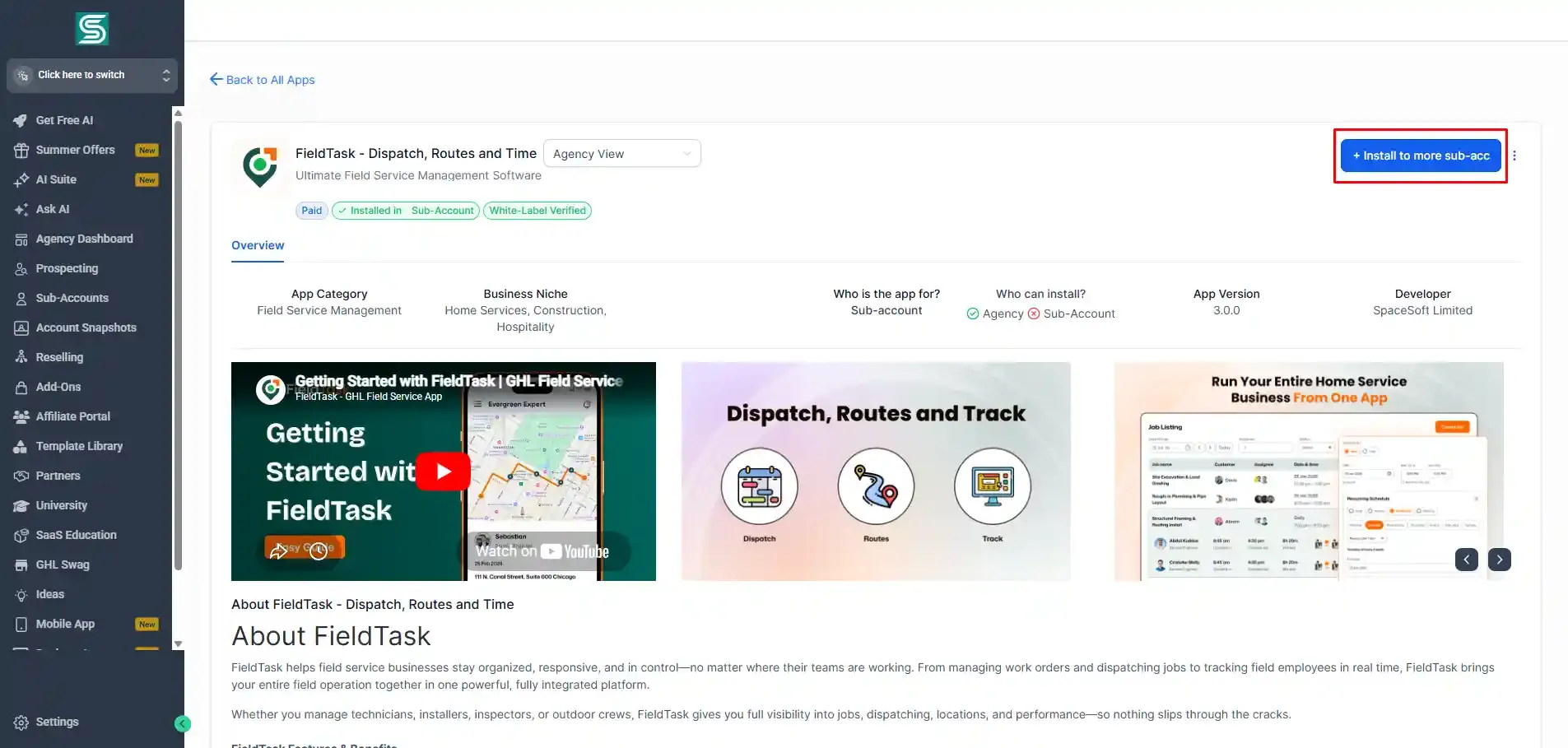 FieldTask marketplace app overview in GoHighLevel, showing app details, category, version, developer, preview images, and About FieldTask section. A red box highlights the blue “Install to more sub-acc” button in the top right.