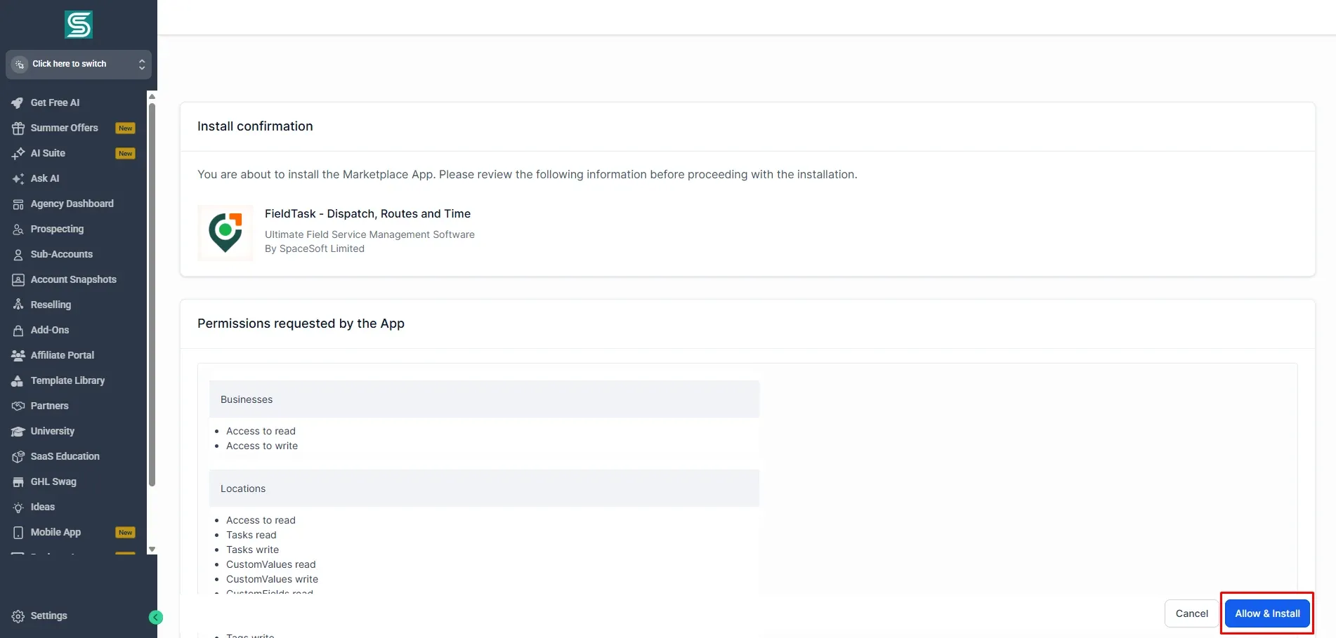 Install confirmation page in GoHighLevel for FieldTask, showing app details and requested permissions for businesses and locations. A red box highlights the Allow & Install button at the bottom right, indicating the final step to complete setup.