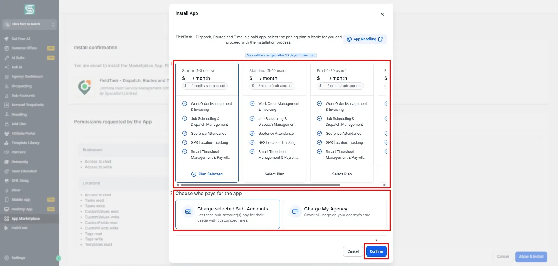 Install App modal in GoHighLevel showing FieldTask pricing plans, plan options, and payment choice. Red boxes highlight the plan selection area, who pays for the app section, and the blue Confirm button at the bottom right.