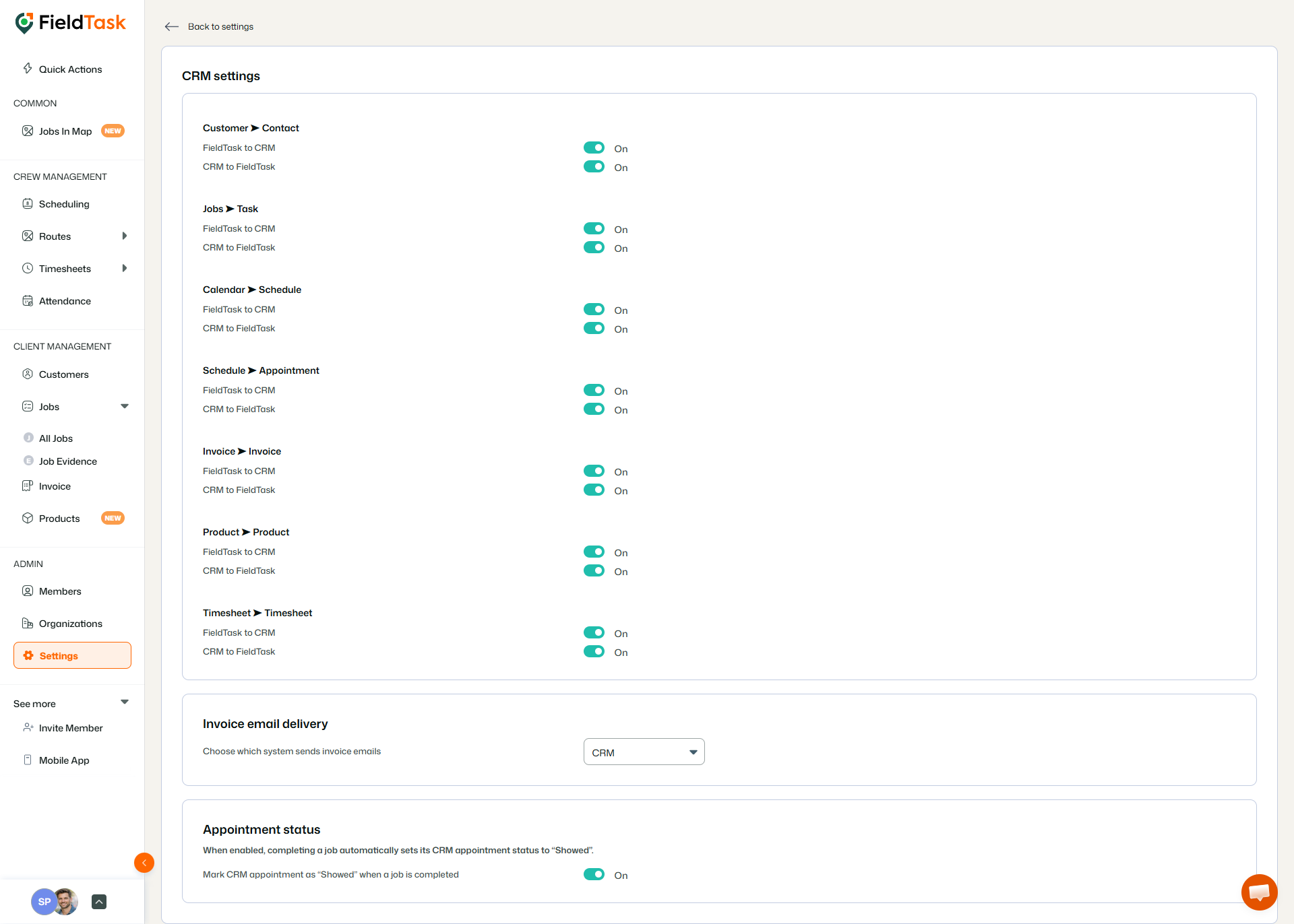 FieldTask CRM settings page with sync toggles enabled