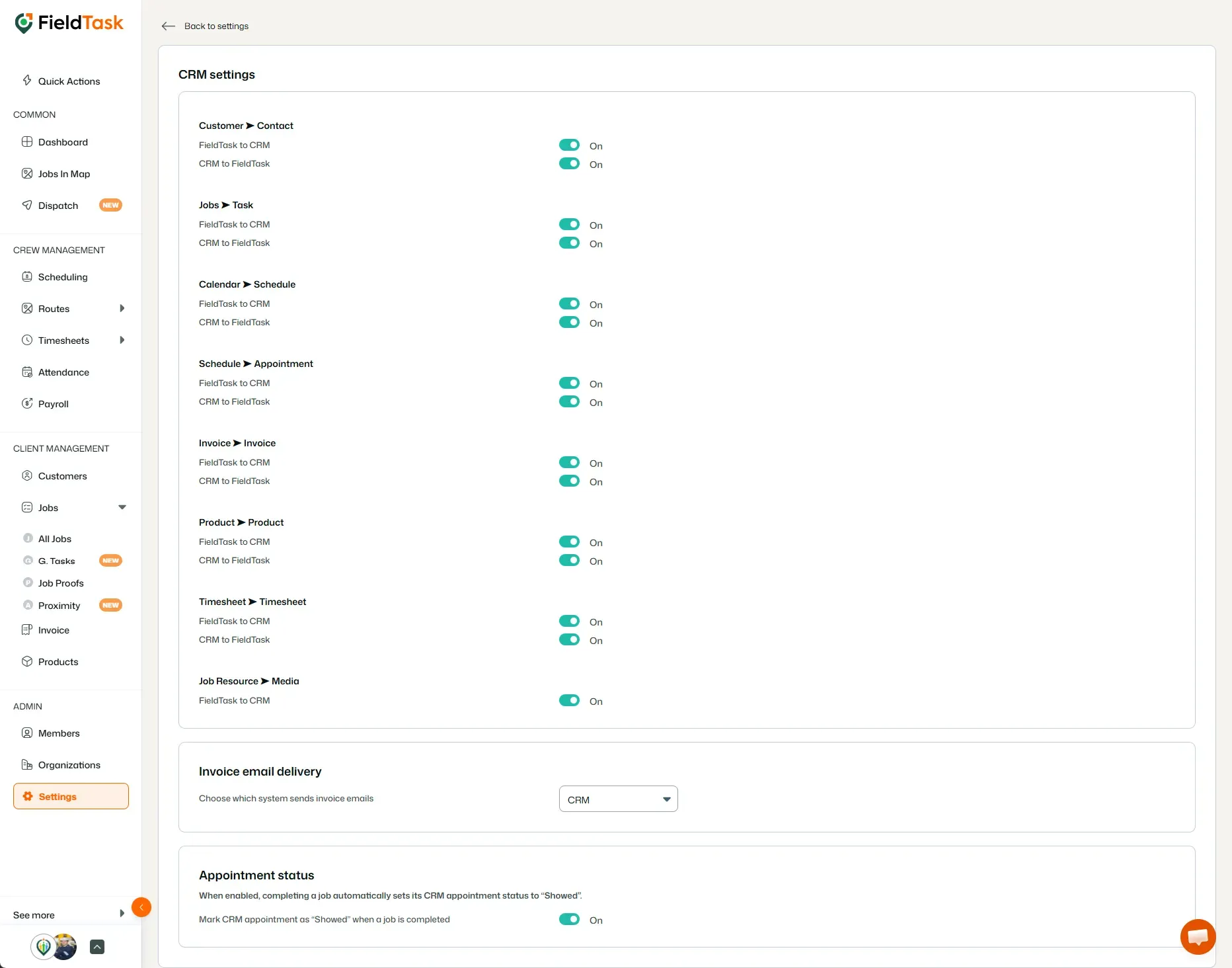 CRM settings with sync toggles and invoice delivery options