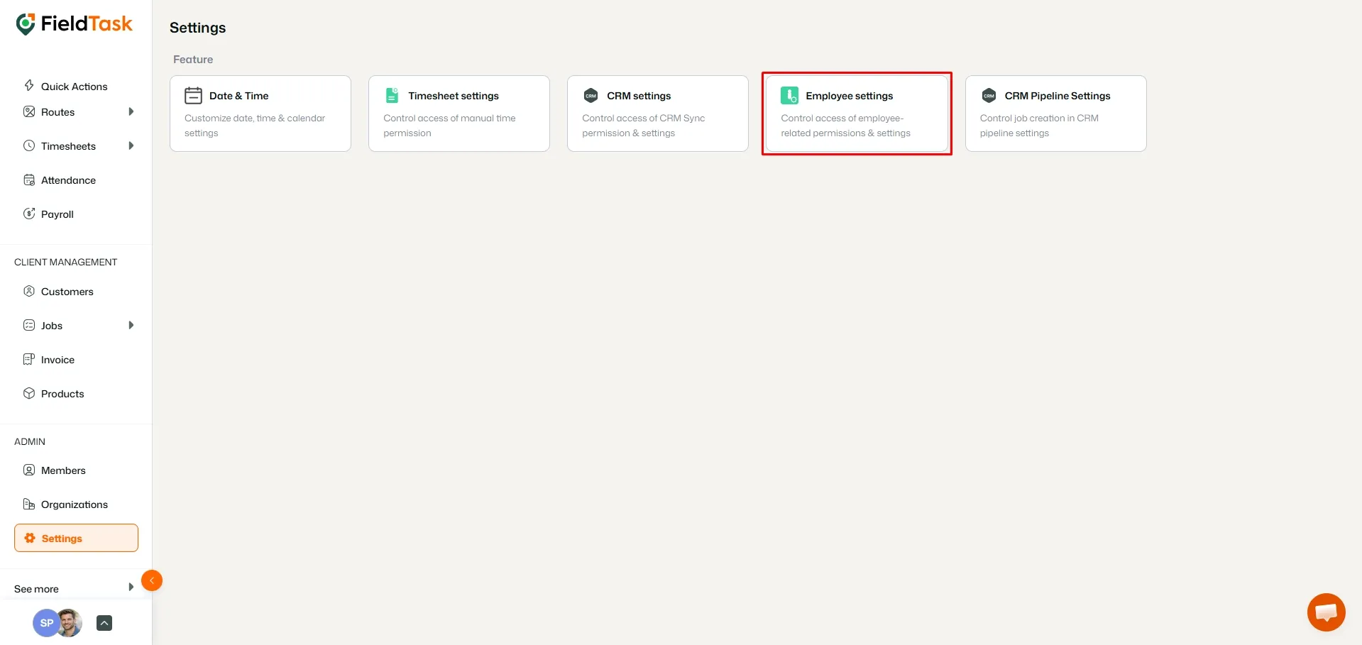 FieldTask Settings page with Employee settings highlighted
