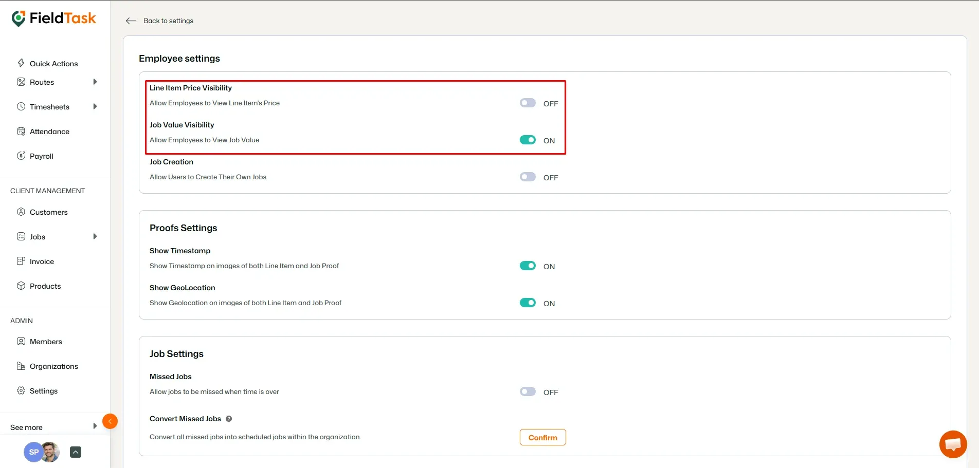Employee settings showing pricing visibility controls