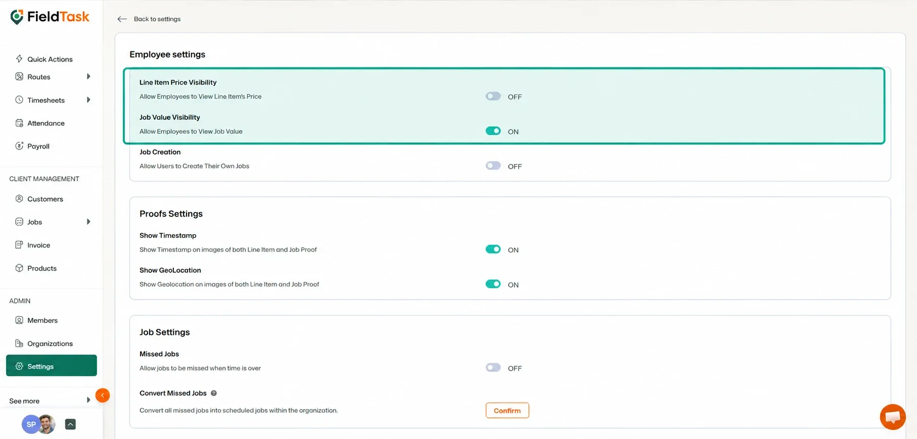 Employee settings page with Line Item and Job Value visibility highlighted