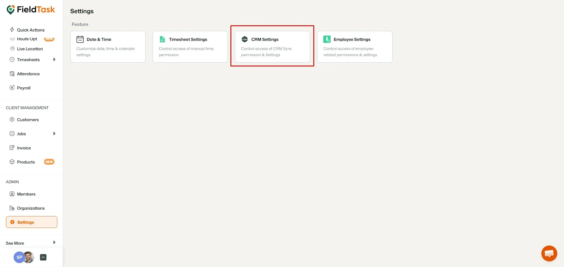 FieldTask Settings Page