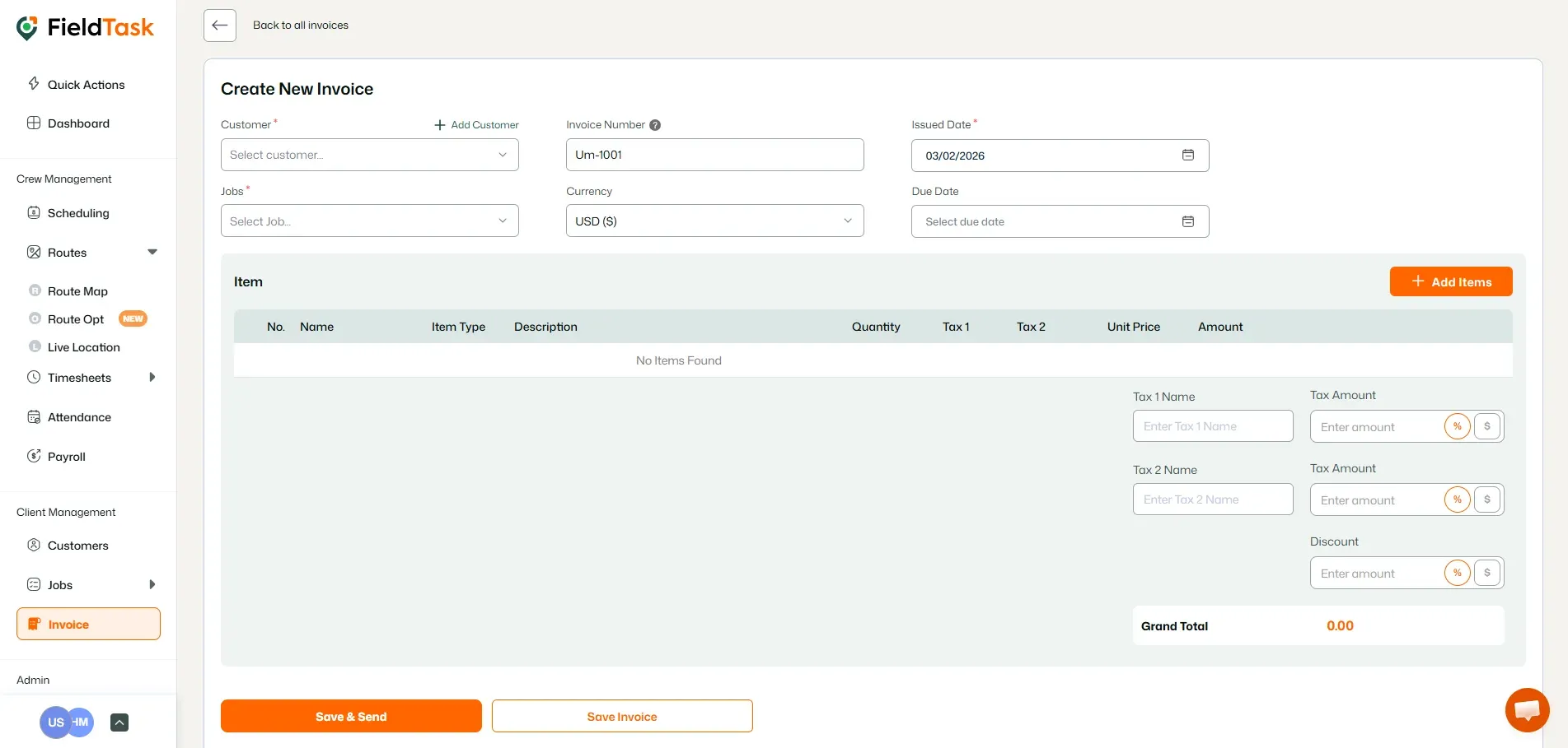 FieldTask invoicing page