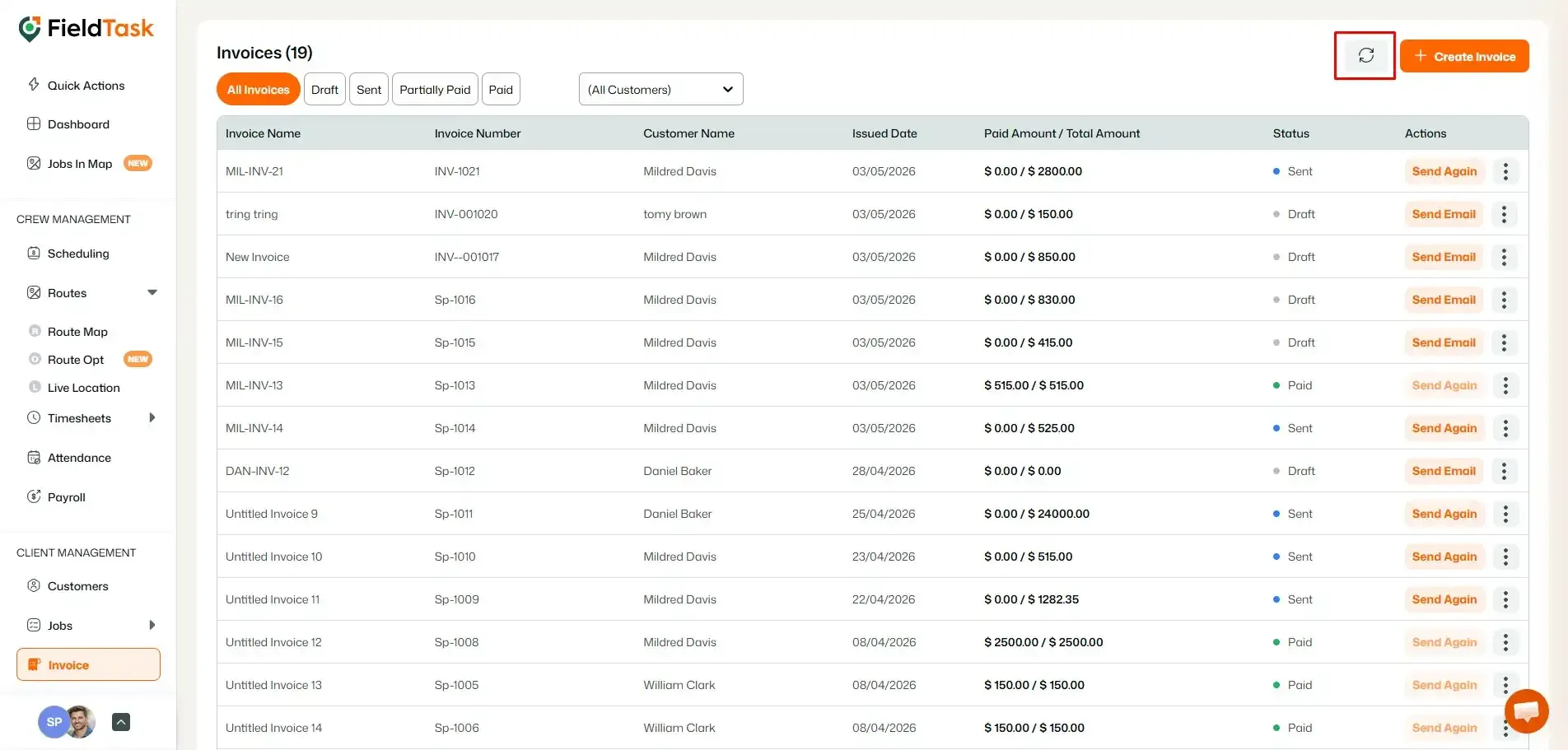 FieldTask invoice list with refresh button highlighted