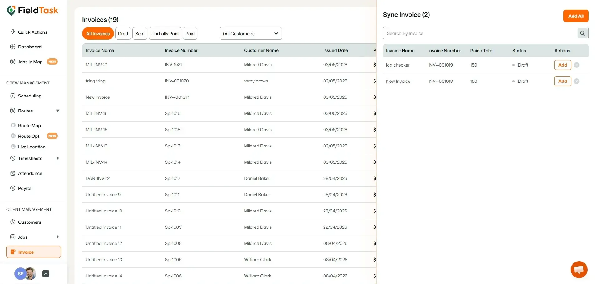 FieldTask invoice sync panel with Add invoice buttons