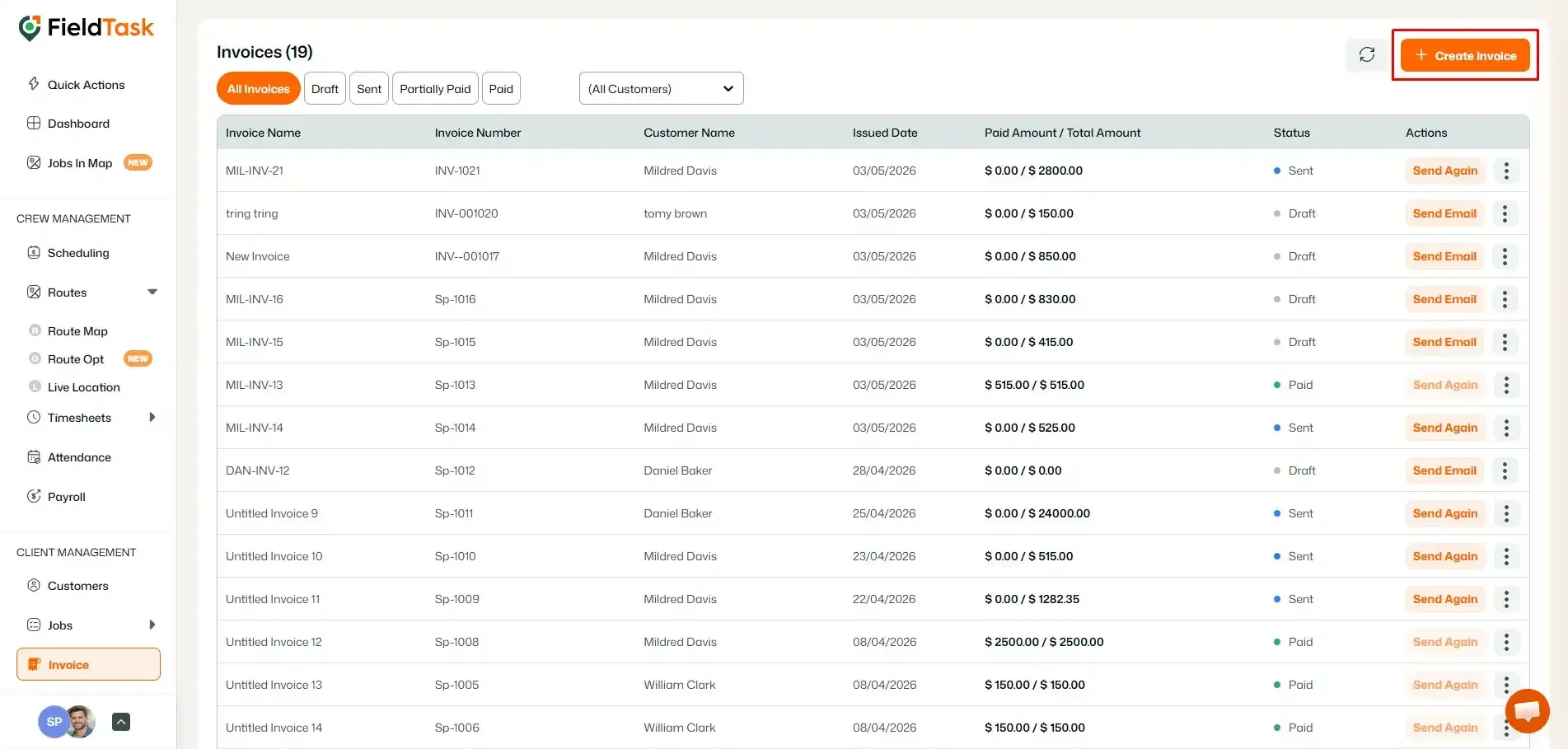 FieldTask invoices with Create Invoice button highlighted