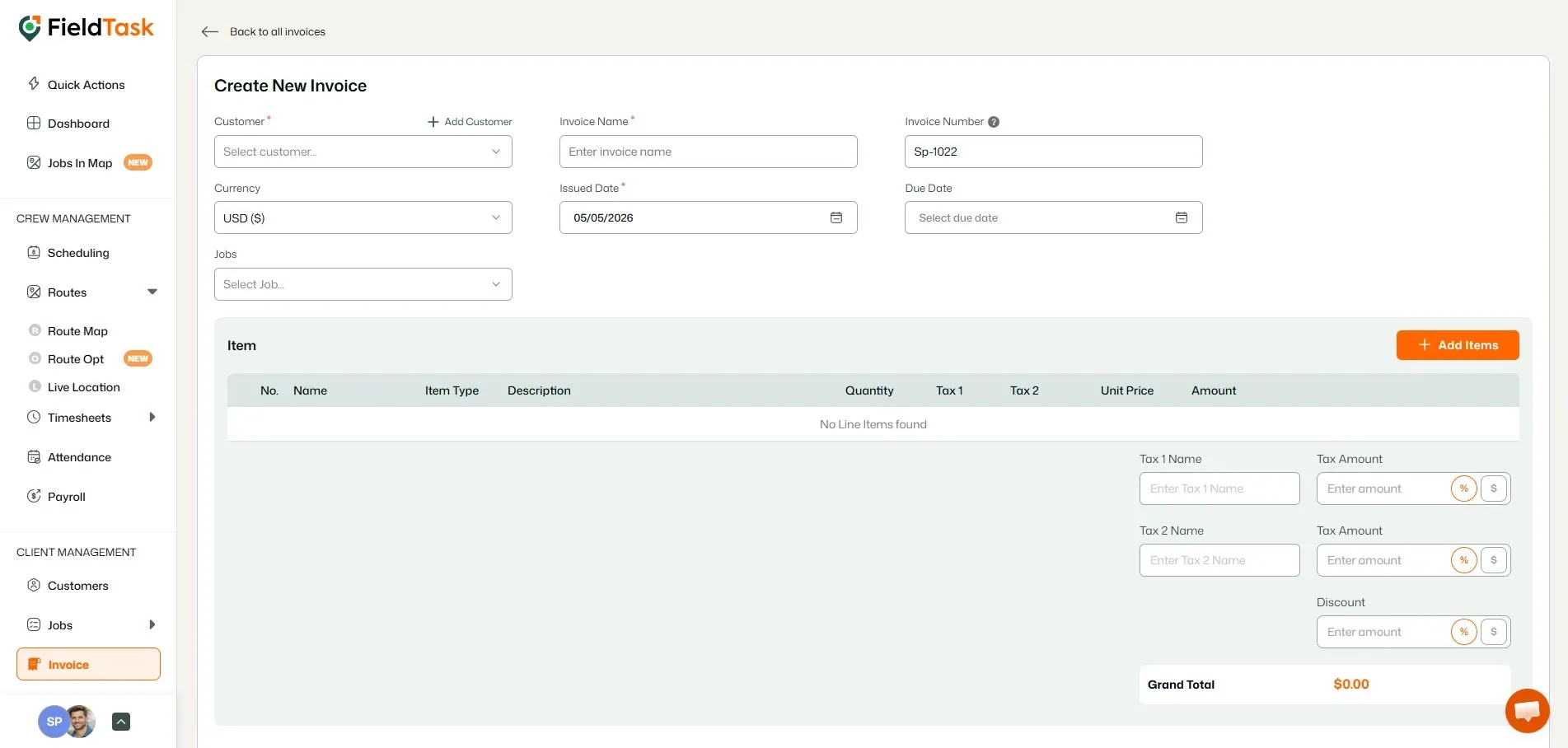FieldTask Create New Invoice form with Add Items button