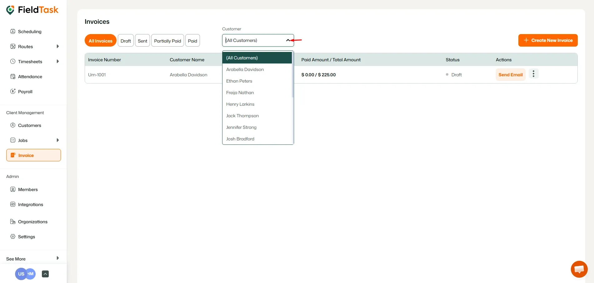 FieldTask invoice page