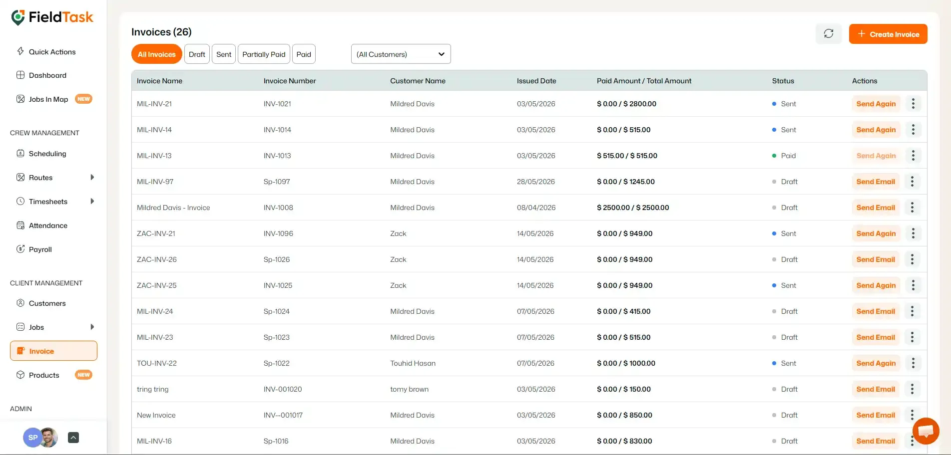FieldTask invoices list with invoice statuses and actions
