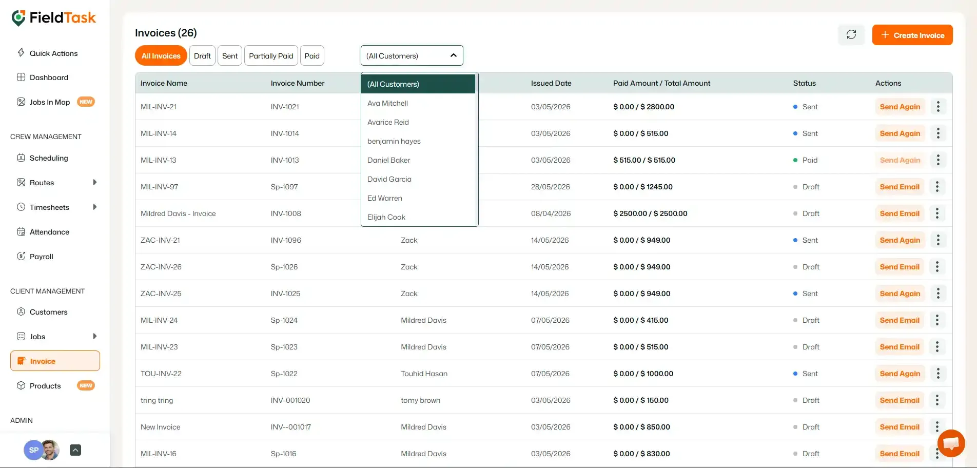 FieldTask invoices list with customer filter dropdown