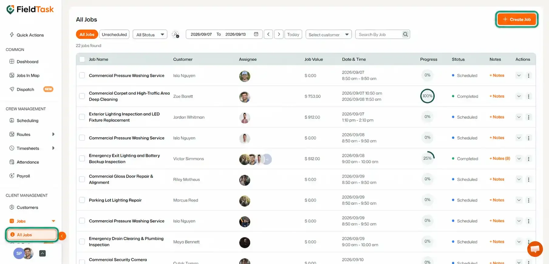 All Jobs page with Create Job button highlighted