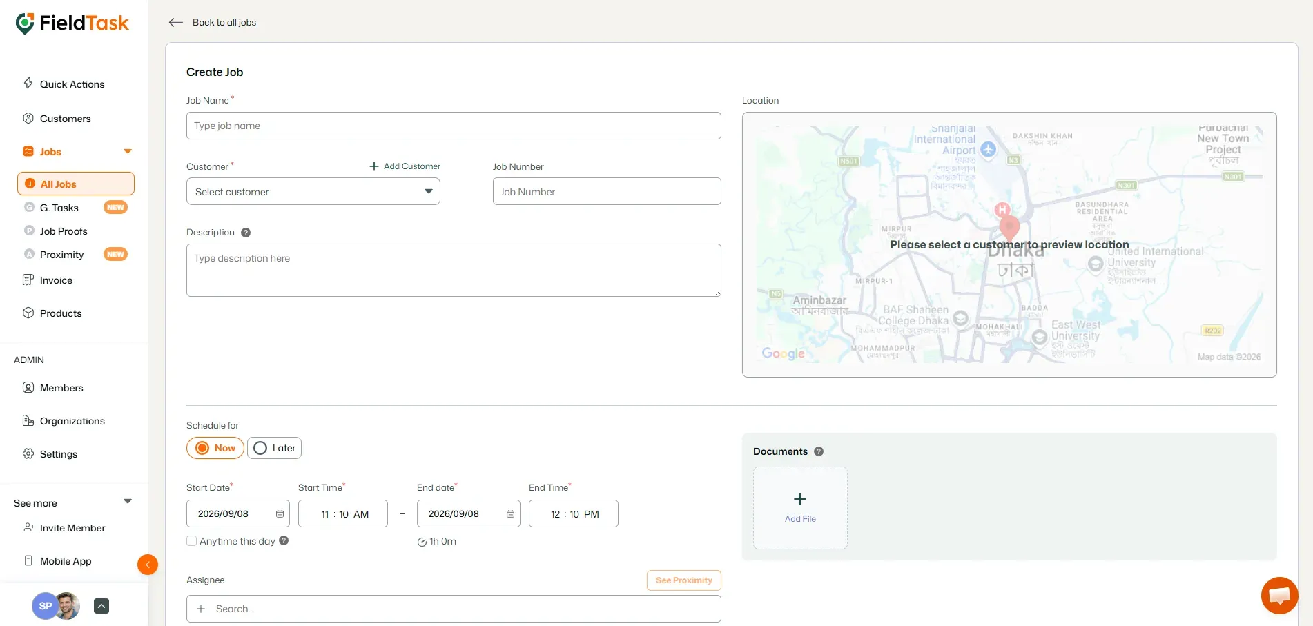 Create Job form with schedule, assignee, and documents