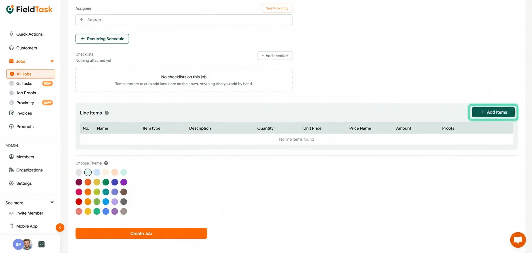 Job form with Add Items button highlighted