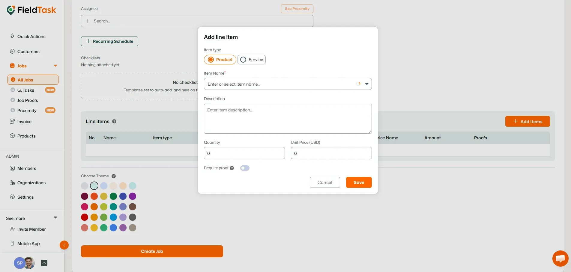 Add line item form for product or service details