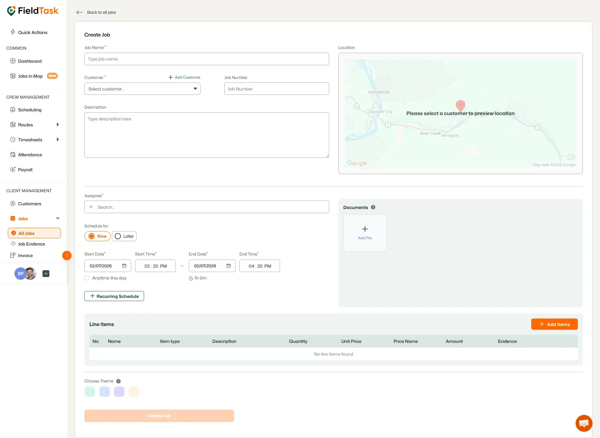 FieldTask Create Job form with schedule and map preview