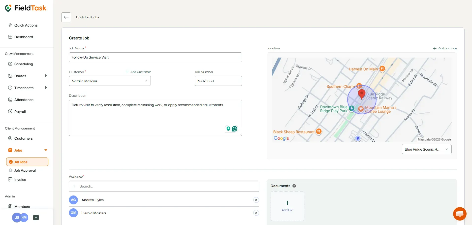 FieldTask Job Creation Page