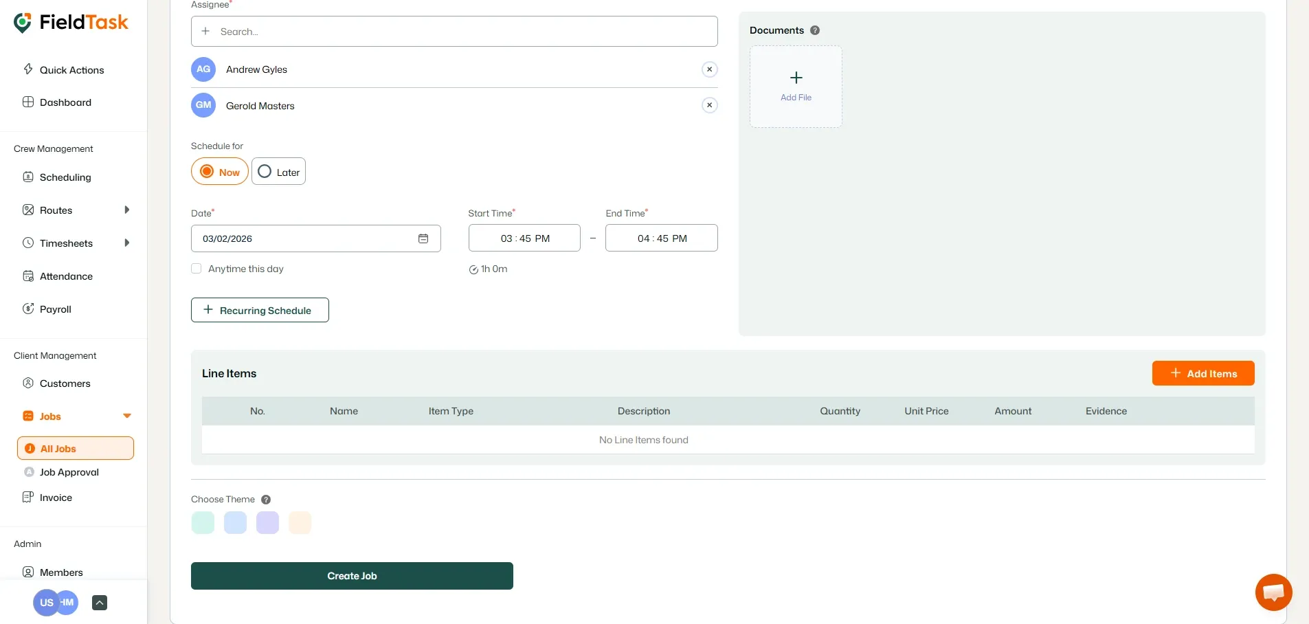 FieldTask Job Creation Page