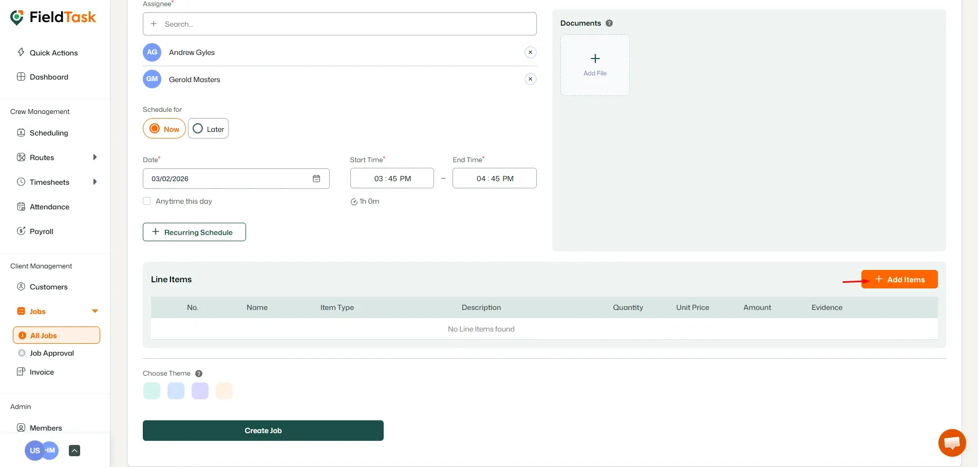 FieldTask Job Creation Page