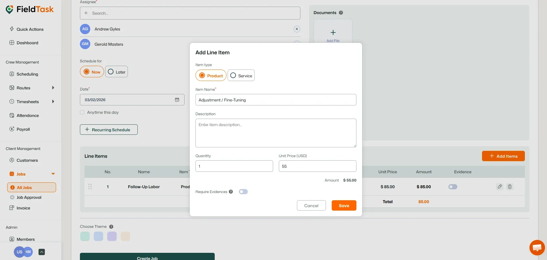 FieldTask Line Item Adding Form on Job Creation Page