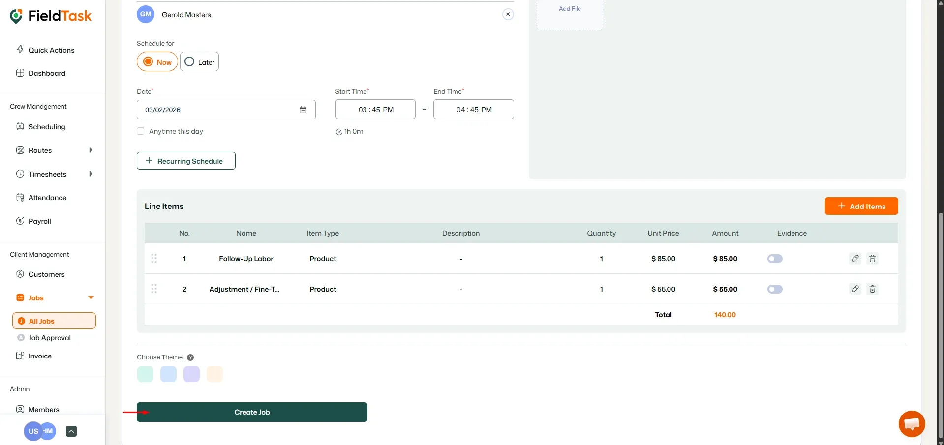 FieldTask Job Creation Page