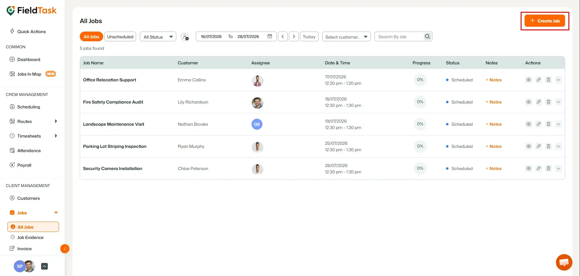 FieldTask All Jobs page with Create Job highlighted